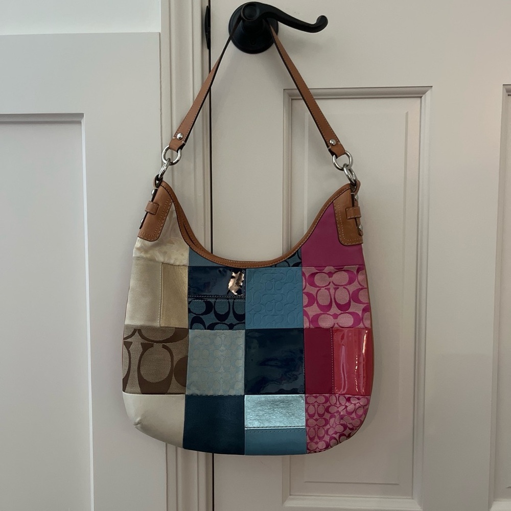 Coach Multicolor Patchwork Shoulder Hobo Bag in Pink, Blue, Tan and Cream